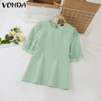 VONDA เสื้อสตรีแขนยาวพัฟเสื้อยืดคอกลมเรียบง่ายผู้หญิง,เสื้อแขนสั้นสีพื้น (ลำลองเกาหลี) #2