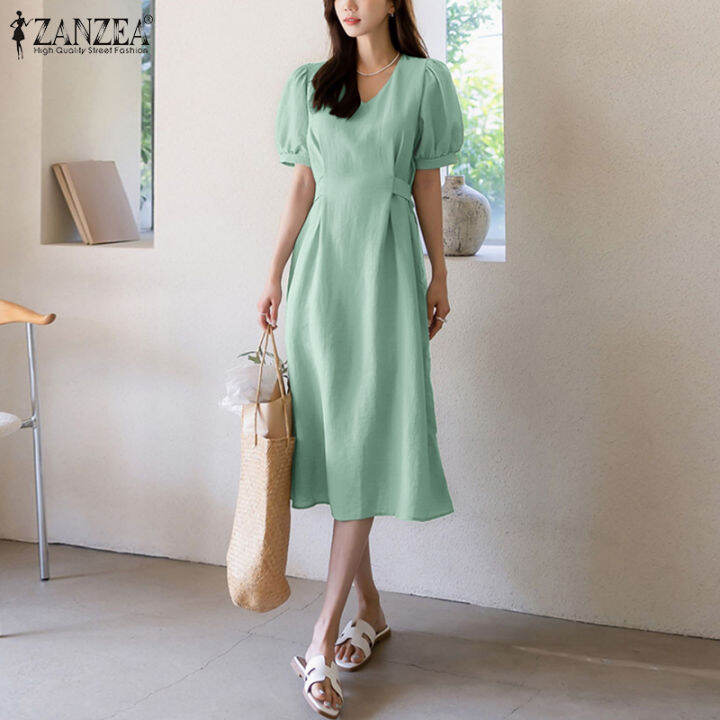 สินค้ามาใหม่-จัดส่งฟรี-fancystyle-zanzea-ชุดซันเดรสทรงเอไลน์หลวมสำหรับวันหยุดชุดคอตัว-o-แขนพองสั้นสไตล์เกาหลีของผู้หญิง-10