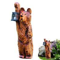 Carved Bear With Lantern Carving Bear Outside Figurine Lamp Outdoor Lawn Decor Light Up Animal Garden Statue For Patio Balcony