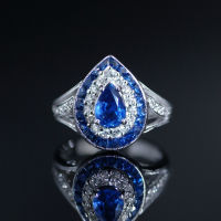 Sapphire Diamond Ring แหวนเพชรแซฟไฟร์ ไพลินแท้สีน้ำเงินสด เนื้อสะอาดมาก ประดับเพชรแท้น้ำ96-97 ตัวเรือนเป็นทองขาว18k