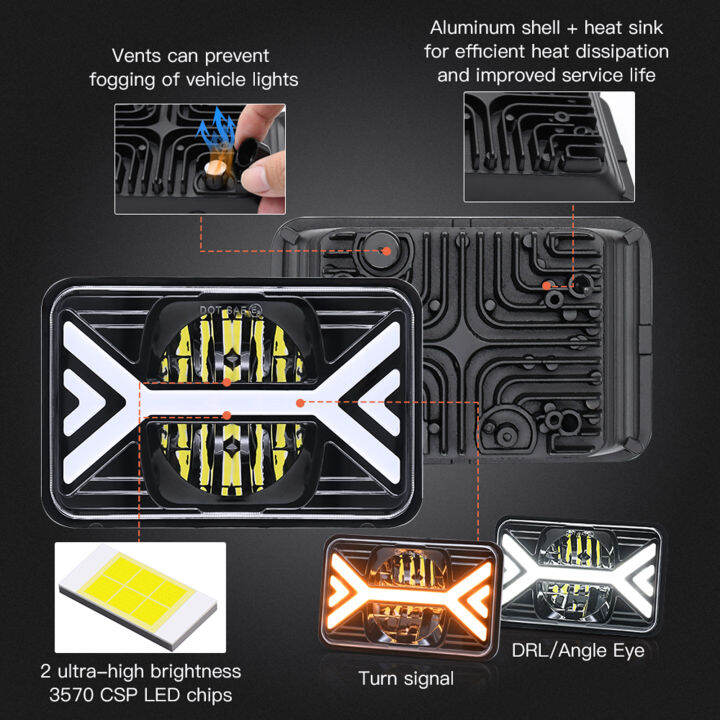 ไฟหน้ารถยนต์-led-ขนาด5นิ้ว2แพ็คไฟหน้ารถ4x6นิ้วพร้อมไฟเลี้ยวสีเหลือง-drl-ลำแสงสูง-ต่ำสีขาว