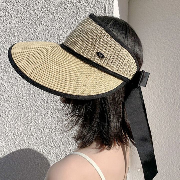 หมวกฟางเสื้อเปิดด้านบนสีริบบิ้นปรับแต่งได้สำหรับผู้หญิงพับได้หมวกชายหาดปีกกว้างกว้างหมวกป้องกันรังสี-uv