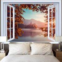 【CW】∈✗  Landscape The Window Tapestry Mountain Lake Scenery Wall Hanging Room Background