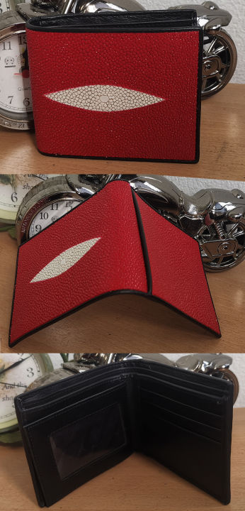 กระเป๋าสตางค์หนังปลากระเบนแท้-สีแดงสดมุกขาวแบบน่ารักๆ