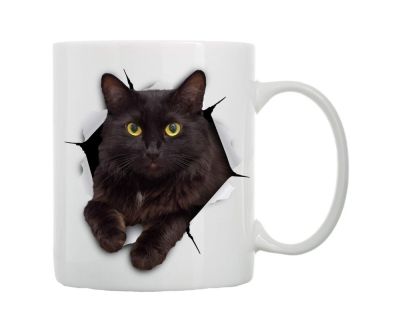 【High-end cups】เย็นตลก3D แมวลูกแมวแก้วกาแฟถ้วยชาแปลกแมวดำแก้วถ้วยเย็นกระโดดออกแมวของขวัญวันเกิดสัตว์เลี้ยงเซรามิก11ออนซ์