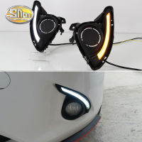 SNCN ไฟหน้ารถ LED กลางวัน2ชิ้น12V สำหรับ Mazda2 2015 2016 2017แบบไดนามิกสัญญาณไฟเลี้ยวสีเหลืองสำหรับรถยนต์ไฟตัดหมอก DRL