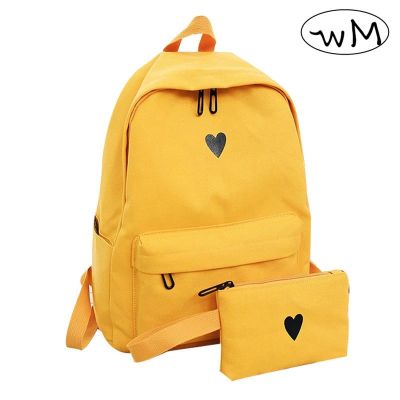 Moon Wood กระเป๋าเป้ผู้หญิง39; S สีเหลือง,กระเป๋าเป้ผ้าใบพิมพ์ลายหัวใจสไตล์เกาหลีกระเป๋าเดินทางสำหรับนักเรียนเด็กผู้หญิงกระเป๋าเป้ใส่แล็ปท็อป