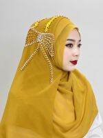 【YF】 Muslim Big Bow Hijab Beaded Send Decorative Arab Women Shiny Soft Easy to Wear Turkey Head Wrap Scarf