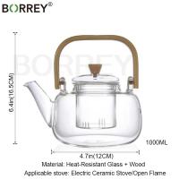 BORREY Handle Glass Teapot Heat-Resistant Teapot Flower Tea Kettle Large Clear Fruit Juice Container Ceramic Teapot Holder Base