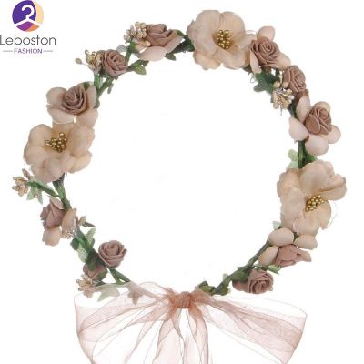 Leboston (หมวก) Handmake Rose Flower Wreath Headband Floral Crown With Adjustable Ribbon For Wedding Holidays