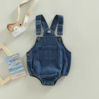 Baby Denim Romper แขนกุดปุ่มปิดบอดี้สูทพร้อมกระเป๋าสำหรับเด็กผู้หญิง Boys