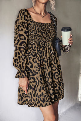 Women Leopard Printing Dress Long Sleeves Square Collar A-line Skirt High Waist Ruffled Short Skirt (No Belt)