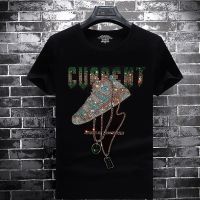 【July hot】 European goods 2023 summer thin section mens close-fitting hot diamond elastic short-sleeved t-shirt half-sleeved large size round neck trendy brand