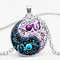 HOT! 3 Colors Tibet  Cabochon Glass Pendant Chain Necklace Ying Yang Butterfly Gifts for Men and Women Fashion Chain Necklaces