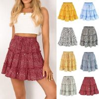 【CW】 Floral Print Boho Skirt Bandage Fashion Waist Frills Short Size Pleated Skirts