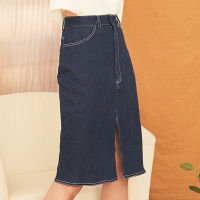 MYLAR - BETTY SLIT SKIRT สี dark blue กระโปรงยีนส์เอวสูง พอดีเข่า ดีเทลผ่าหน้า