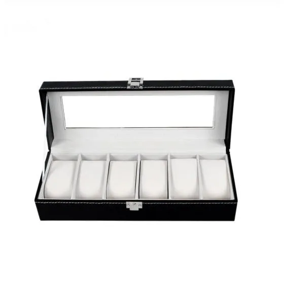 6 compartment watch box black PU leather exquisite slot wrist watch