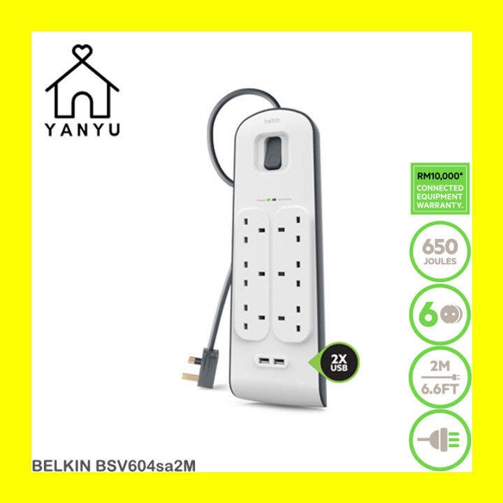 Belkin 6 Outlets Surge Protection Strip With 2 USB Ports 2 Meter ...