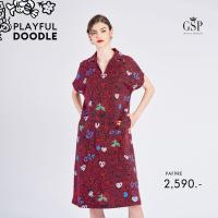 ชุดเดรส GSP Cotton Dress เดรสคอปกวีเชฟ พิมพ์ลาย Playful doodle ความยาวคลุมเข่า (PAF9RE)