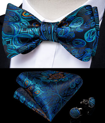 Men Blue Paisley 100 Silk Wedding Party Bow Ties Fashion Butterfly Necktie Handkerchief Cufflinks Set Groom Bowknot DiBanGu