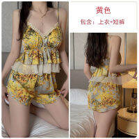 2023 Hot Summer Satin Sexy Deep V Plus Chest Pad Suspender Shorts Yellow Battle Robe Popular Internet Celebrity Homewear 3759