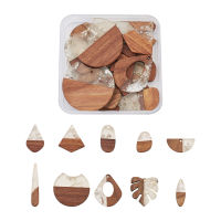 20pcsbox Resin &amp; Walnut Wood Pendants with Silver Foil Mixed Shapes Teardrop Oval Monstera Leaf Horse Eye Half Round Kite