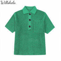 Willshela เสื้อสเวตเตอร์ถักแขนสั้นสำหรับผู้หญิงเสื้อสเวตเตอร์เสื้อลำลองสตรีเก๋ไก๋สีเขียวถักคอเสื้อโปโลแขนสั้นแฟชั่นสำหรับผู้หญิง