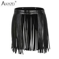 【CW】 AKYZO Adjustable Faux Leather Waistband Skirt Tassel Nightclube Costume Short Skirts