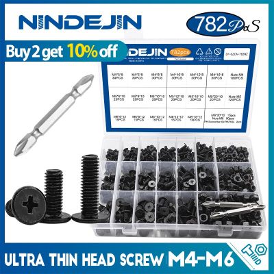 NINDEJIN 782Pcs Ultra Thin Head Machine Screw Kit M4-M6 Black Carbon Steel Ultra Low Profile Flat Phillips Head Screw Nut Set