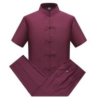 Male Shirts Traditional Solid Shirt Top Kung Fu Mens Tang Suit Traditional Chinese Clothing For Males Pants Stand Collar Hanfu