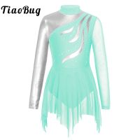 Kids Girls Long Sleeve Rhinestone Figure Skating Dress Ballet Gymnastics Leotard Stage Performance Ballroom Competition Costume