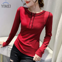 YIMEI 2023เสื้อแขนยาวสีแดงสำหรับผู้หญิง,เสื้อแขนยาวแฟชั่นเข้ารูปพอดีฤดูใบไม้ผลิและฤดูใบไม้ร่วงเสื้อยืดผ้าฝ้ายใหม่