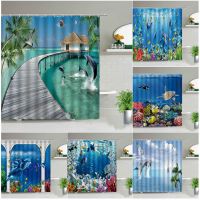 Ocean View Dolphin Bath Curtain ปลาเขตร้อนสัตว์ชุดม่านอาบน้ำกันน้ำชุดตะขอห้องน้ำวิวทะเล 180 * 180 ซม