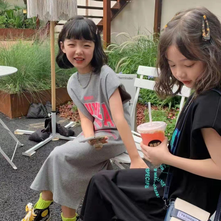 cod-ชุดเดรสฤดูร้อนสำหรับเด็กผู้หญิงวัยกลางคนและเด็กโต-กระโปรงยาวแม่ลูกผ้าฝ้ายถักแฟชั่นเกาหลี