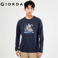 GIORDANO Men Park Series T-Shirts Shark Boat Print 100% Cotton Tee Crewneck Long Sleeve Simple Fashion Casual Tshirts 91093253