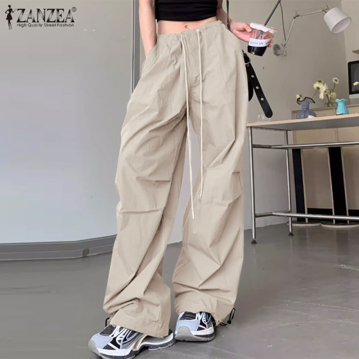 HijabFab ZANZEA Korean Style Womens Fashion Hippy Overall Trousers Loose  Drawstring Elastic Waist Pants #10