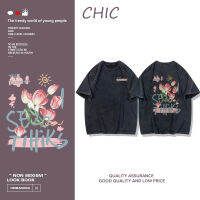 CHIC วินเทจผ้าฟอกดำ เสื้อยืดแขนสั้นพิมพ์ลายดอกไม้ A1139