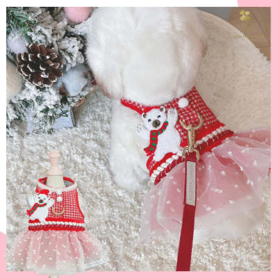 Glitter Pooch Harness ชุดรัดอก สายจูง เสื้อผ้า สุนัข, หมา, แมว, สัตว์เลี้ยง พร้อม สายจูง รุ่น White Polar Xmas Girl