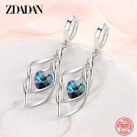 ZDADAN 925 Silver Hollow Blue Crystal Long Drop Earrings For Women Fashion Wedding Jewelry Gift