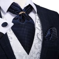 New Design Men Silk Cravat Navy Dot Formal Ascot Tie Handkerchief Set With Ring Wedding Formal Self Tie Necktie DiBanGu