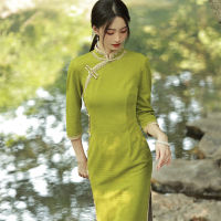 2022กลางแขนยืดหยุ่นฟองถักคอมโพสิดลูกไม้กลางความยาวชุด Cheongsam สาวหนุ่ม