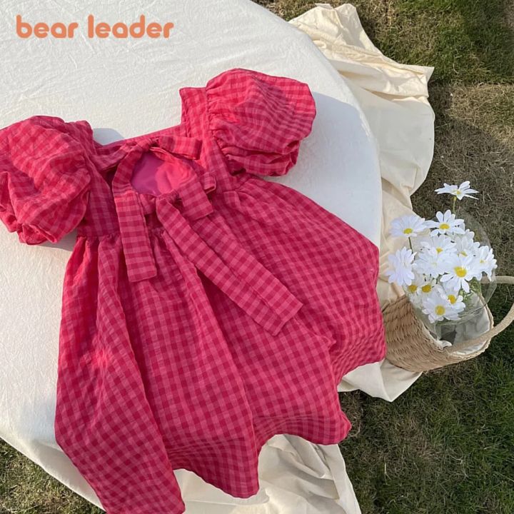 bear-leader-rose-pink-plaid-bow-dress-elegant-lolita-child-big-girls-midi-dress-children-dresses-teens-party-princess-sundress