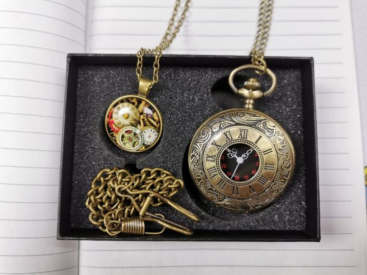 ชุดของขวัญนาฬิกาพกหรูตัวเลขสีบรอนซ์-สีดำ-สีเงิน-โรมันเฟืองสตรีมพังค์ของขวัญสร้อยคอจี้ประดับแบบย้อนยุค