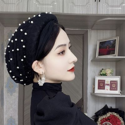 【YF】 Pearls Beading Turban Caps with Hair Bands Muslim Headscarf Bonnet Female Head Wraps Turbante Mujer Fashion Ladies Headband