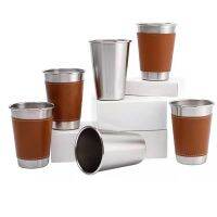 4PCS/lot 10-16oz Outdoor Camping Tableware Travel Cups Set Stainless Steel leather case Drinking Glasses Beer Cup cold drink cup