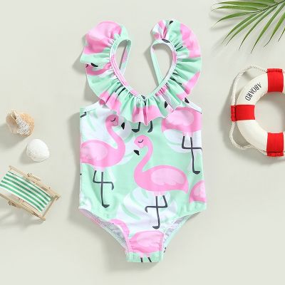 ✔ Toddler Kids Baby Girls Swimwear Swimsuit Flamingo Print Ruffles Sleeveless Backless Swimwear Summer Holiday Bathing Suits