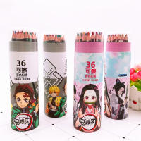 36สี Erasable ดินสอสีอะนิเมะผีดับเพลิงใบมีดนักเรียนจิตรกรรมการ์ตูนสามเหลี่ยม Penholder กับยางลบดินสอ