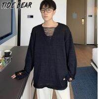 TIDE BEAR เสื้อสเวตเตอร์ของผู้ชายทรงหลวมและเฉพาะกลุ่มปลายถักแบบขาดอเนกประสงค์