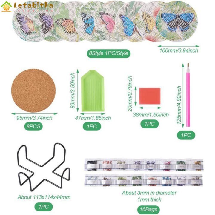 ชุดแผ่นรองแก้วเพ้นท์ลายผีเสื้อเพชร-diy-8ชิ้นพร้อมตัวยึดจานรองแก้วลายศิลป์เพชรกันความร้อนสำหรับผู้เริ่มต้น