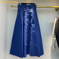 [EWQ] Notched Collar Loose Lantern Sleeve Denim Jacket + High Waist Large Swing Skirt Chic 2-piece denim clothing 2021 autumn